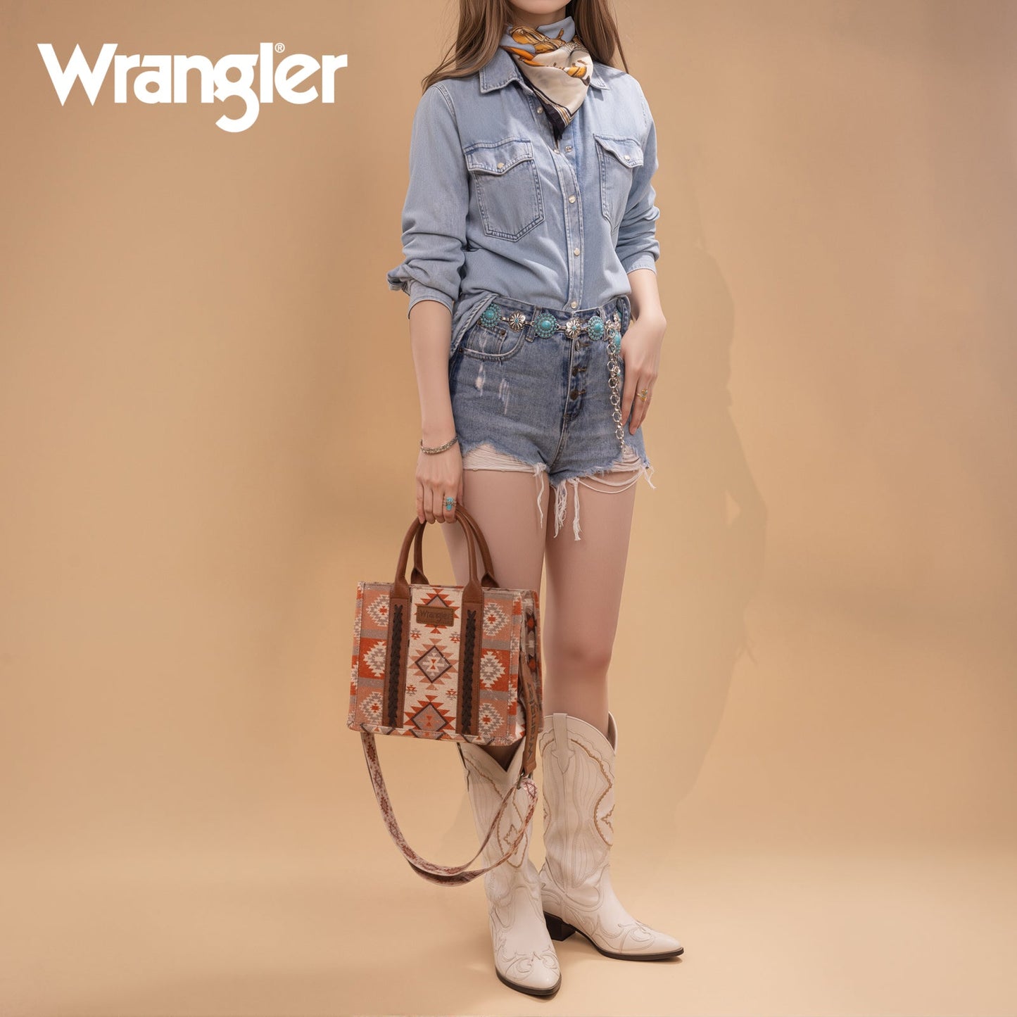 WG2209-8120S  Wrangler Aztec Pattern Dual Sided Print -Tote/Crossbody -Tan