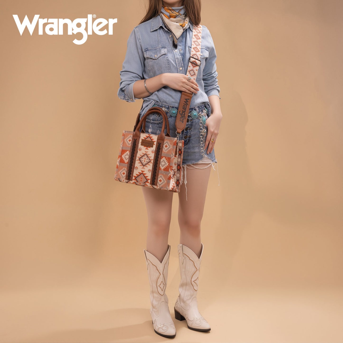WG2209-8120S  Wrangler Aztec Pattern Dual Sided Print -Tote/Crossbody -Tan