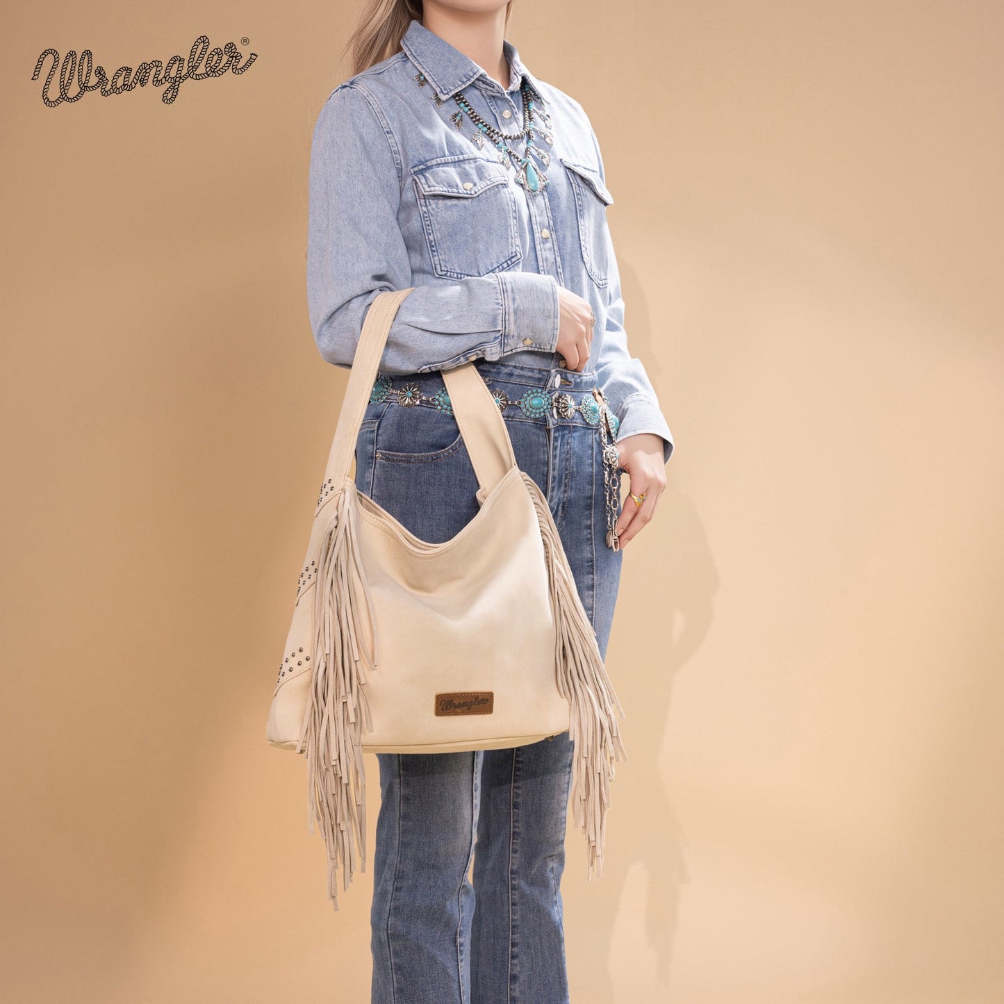 WG244-9182  Wrangler Fringe Studded Hobo Bag- Beige