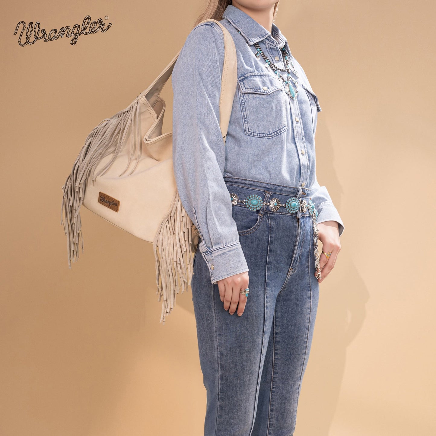WG244-9182  Wrangler Fringe Studded Hobo Bag- Beige