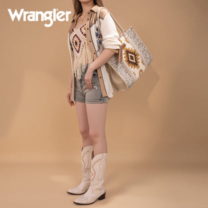 WG226G-8119  Wrangler Tooled Aztec Pattern Print Concealed Carry Large Tote -Beige