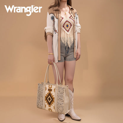 WG226G-8119  Wrangler Tooled Aztec Pattern Print Concealed Carry Large Tote -Beige