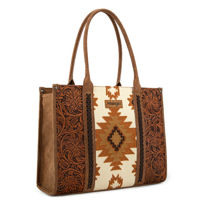 WG226G-8119  Wrangler Vintage Tooled Aztec Pattern Print Concealed Carry Large Tote -Brown