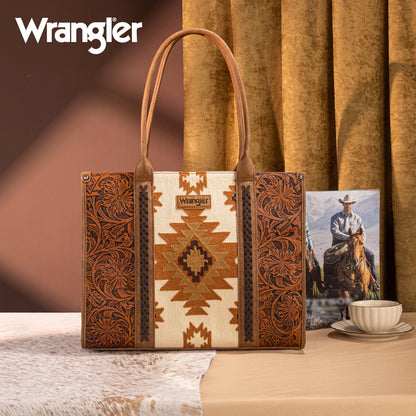 WG226G-8119  Wrangler Vintage Tooled Aztec Pattern Print Concealed Carry Large Tote -Brown