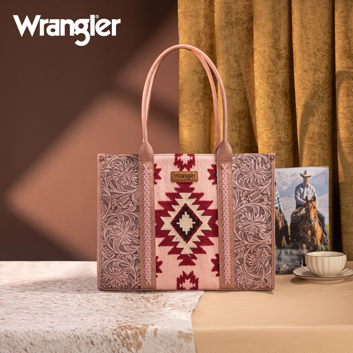 WG226G-8119  Wrangler Tooled Aztec Pattern Print Concealed Carry Large Tote -Dark Pink