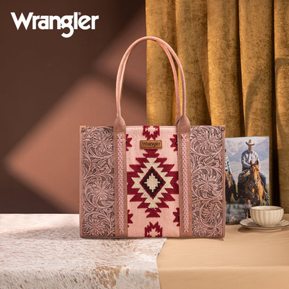 WG226G-8119  Wrangler Tooled Aztec Pattern Print Concealed Carry Large Tote -Dark Pink