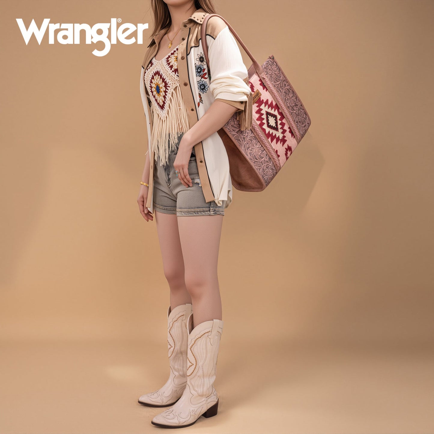 WG226G-8119  Wrangler Tooled Aztec Pattern Print Concealed Carry Large Tote -Dark Pink