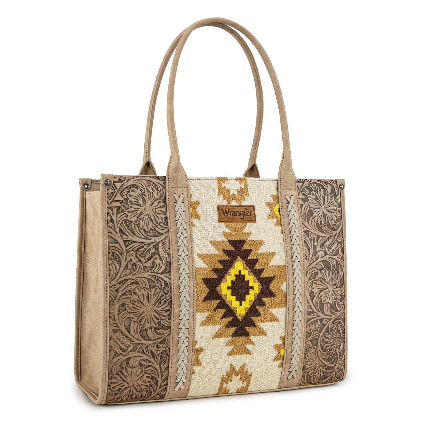 WG226G-8119  Wrangler Tooled Aztec Pattern Print Concealed Carry Large Tote -Tan