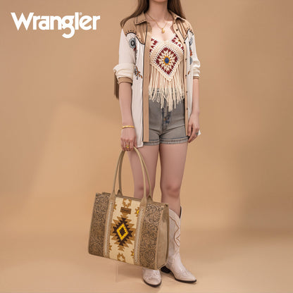 WG226G-8119  Wrangler Tooled Aztec Pattern Print Concealed Carry Large Tote -Tan