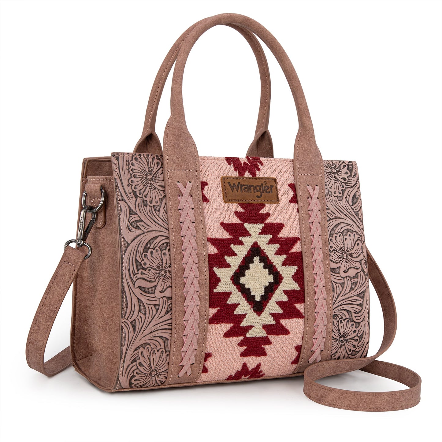 WG226-8120  Wrangler Tooled Aztec Pattern Print Concealed Carry Tote/Crossbody -Dark Pink