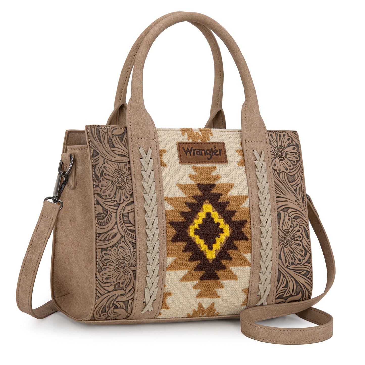 WG226-8120  Wrangler Tooled Aztec Pattern Print Concealed Carry Tote/Crossbody -Tan