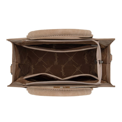 WG226-8120  Wrangler Tooled Aztec Pattern Print Concealed Carry Tote/Crossbody -Tan