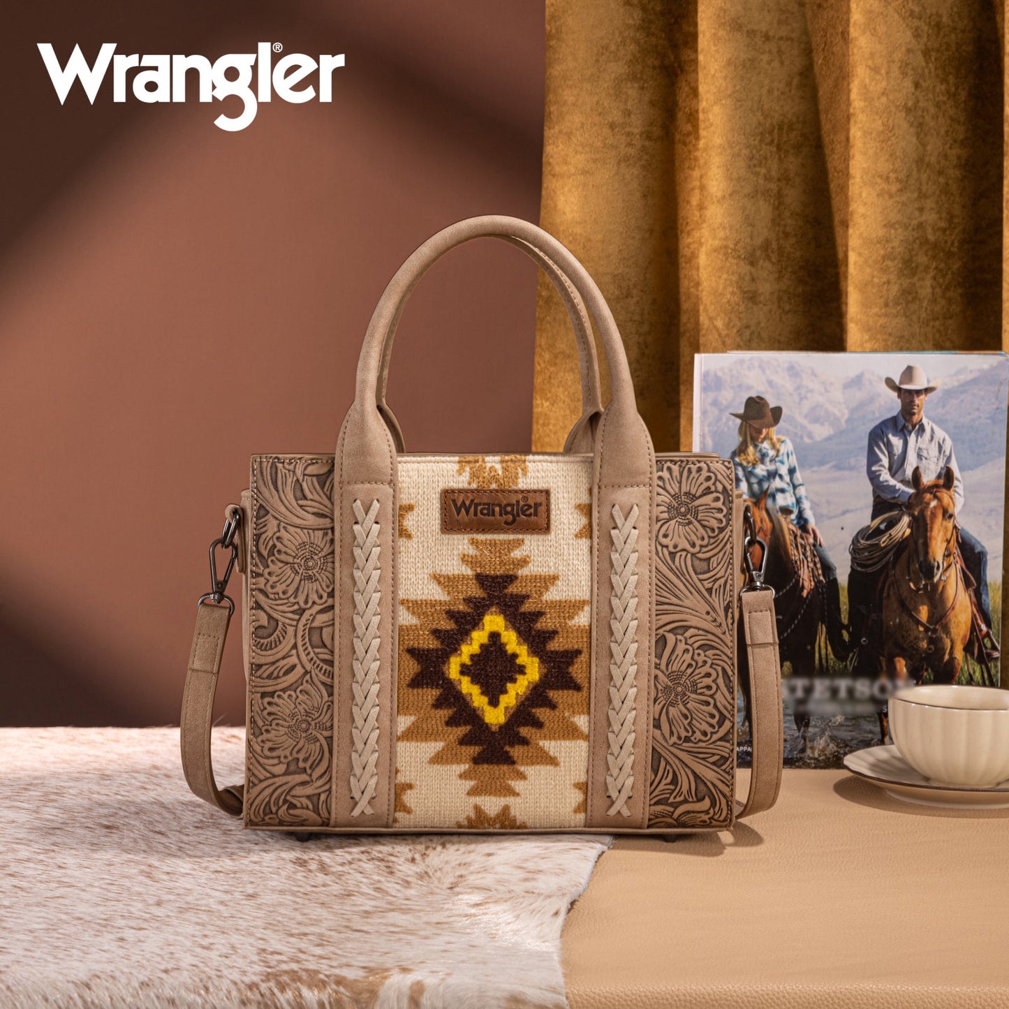 WG226-8120  Wrangler Tooled Aztec Pattern Print Concealed Carry Tote/Crossbody -Tan