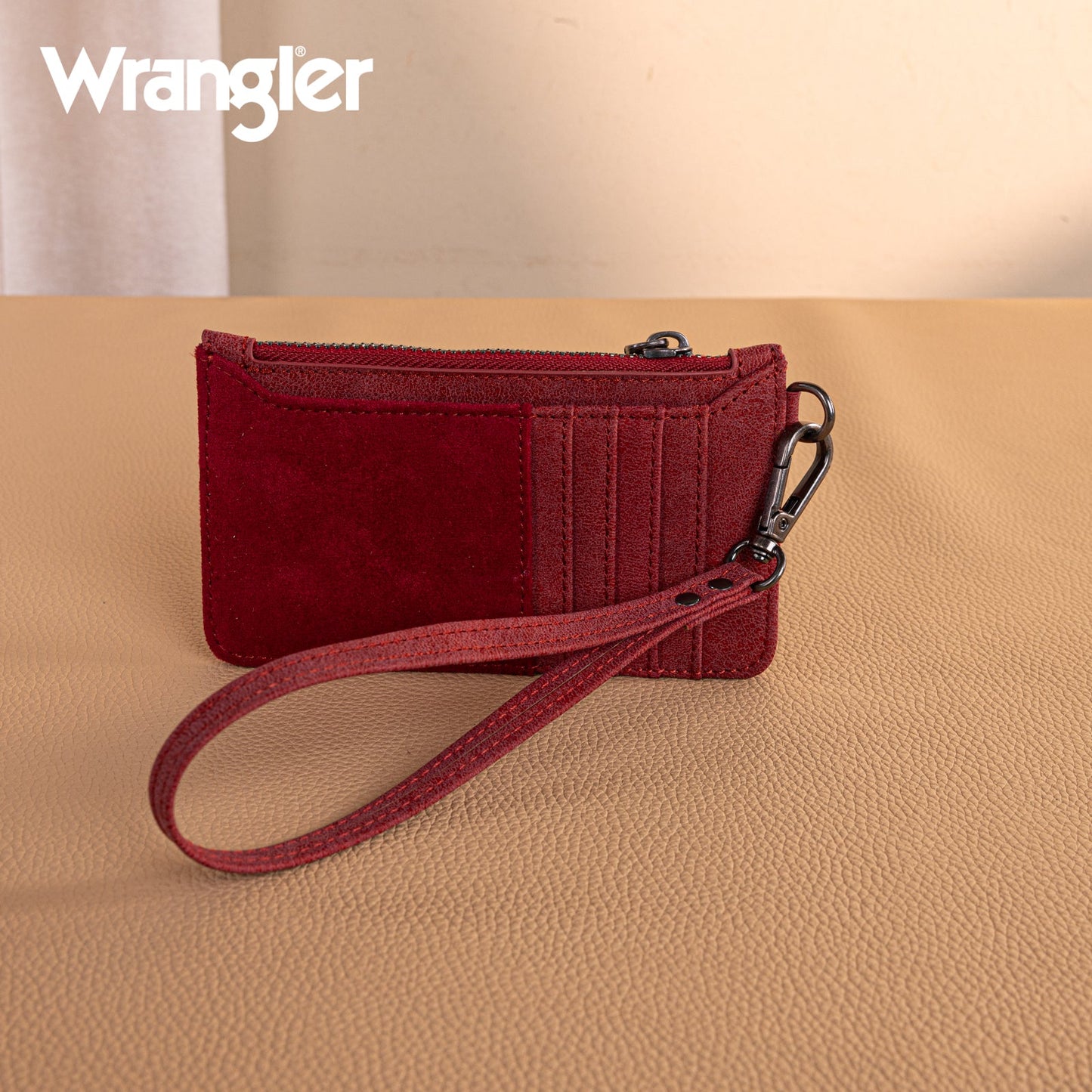 WG227-W075   Wrangler Vintage Floral Velvet Printed  Mini Zip card Case Wristlet - Burgundy