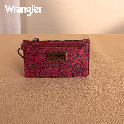WG227-W075   Wrangler Vintage Floral Velvet Printed  Mini Zip card Case Wristlet - Burgundy