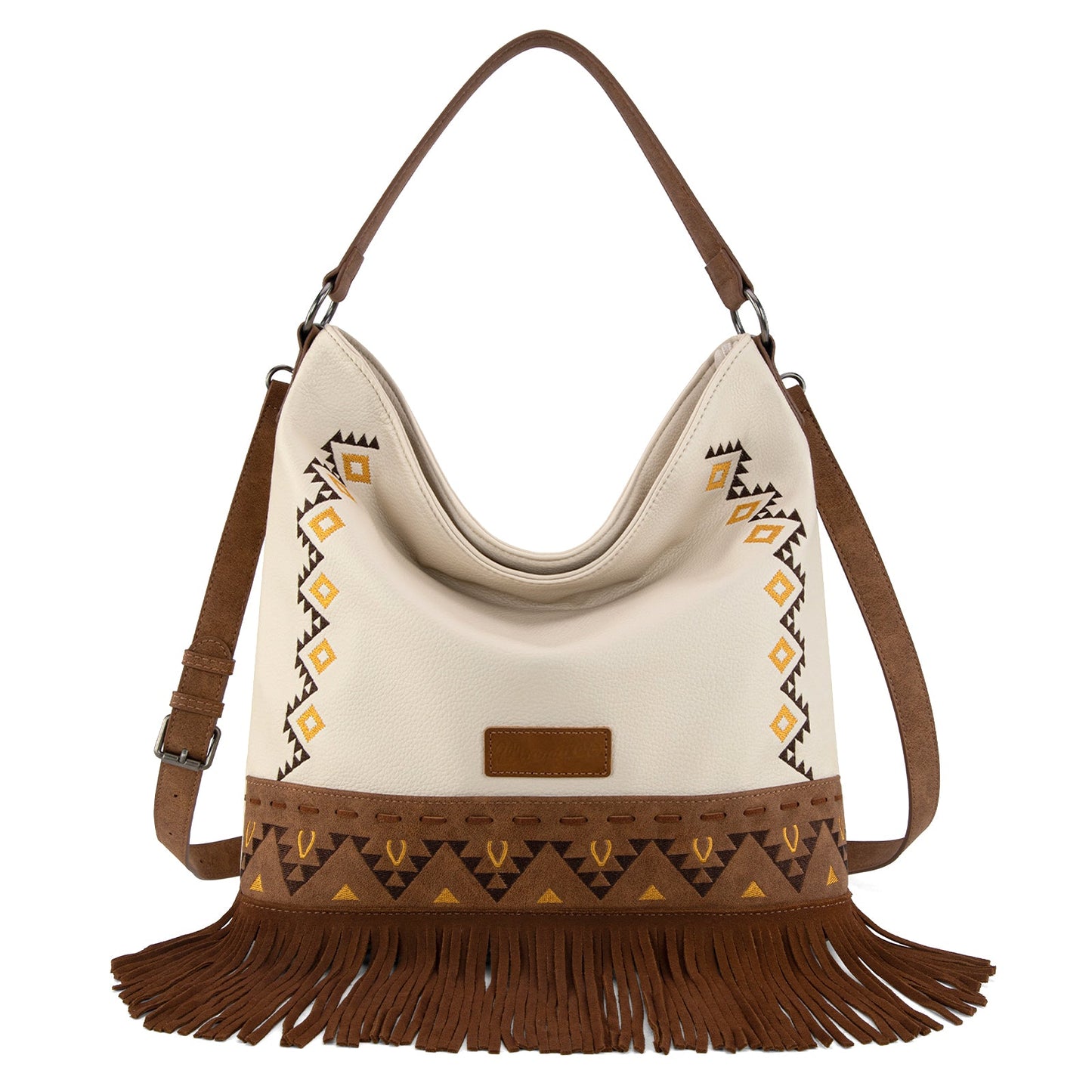 WG233-2001  Wrangler Aztec Embroidered Fringe Large Hobo/Crossbody Bag- Beige
