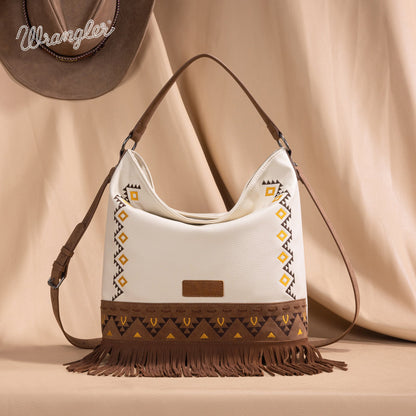 WG233-2001  Wrangler Aztec Embroidered Fringe Large Hobo/Crossbody Bag- Beige