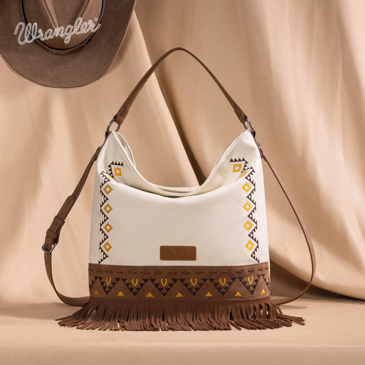 WG233-2001  Wrangler Aztec Embroidered Fringe Large Hobo/Crossbody Bag- Beige
