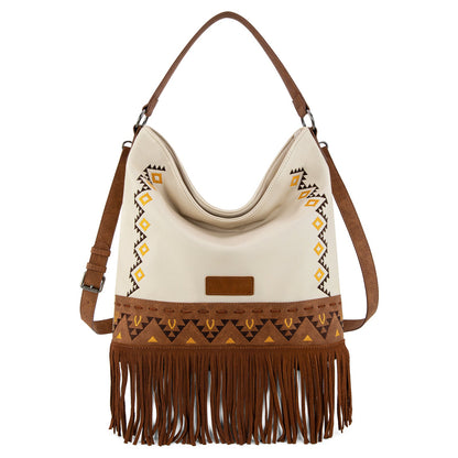WG233-2001  Wrangler Aztec Embroidered Fringe Large Hobo/Crossbody Bag- Beige