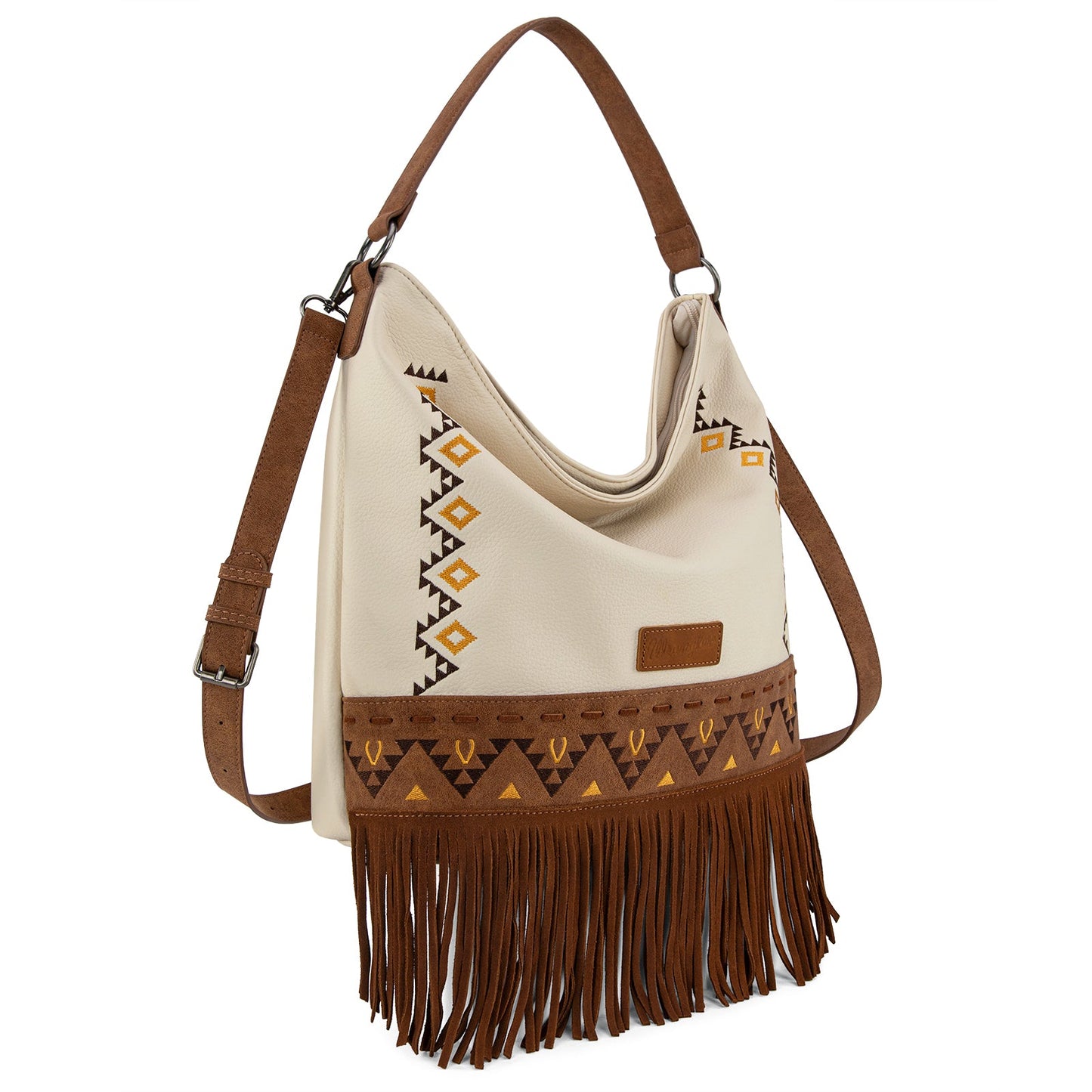 WG233-2001  Wrangler Aztec Embroidered Fringe Large Hobo/Crossbody Bag- Beige