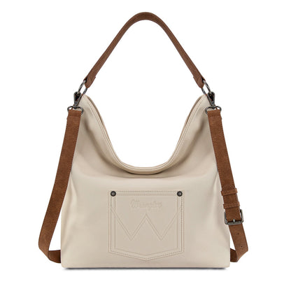 WG233-2001  Wrangler Aztec Embroidered Fringe Large Hobo/Crossbody Bag- Beige