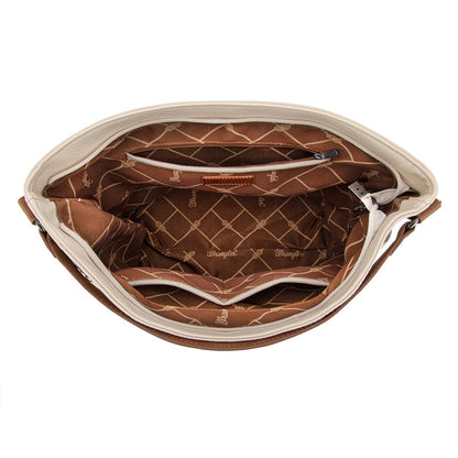 WG233-2001  Wrangler Aztec Embroidered Fringe Large Hobo/Crossbody Bag- Beige