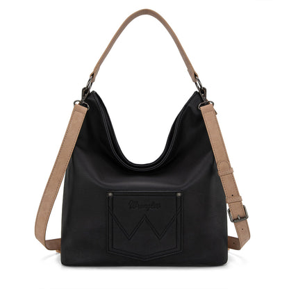 WG233-2001  Wrangler Aztec Embroidered Fringe Large Hobo/Crossbody Bag- Black