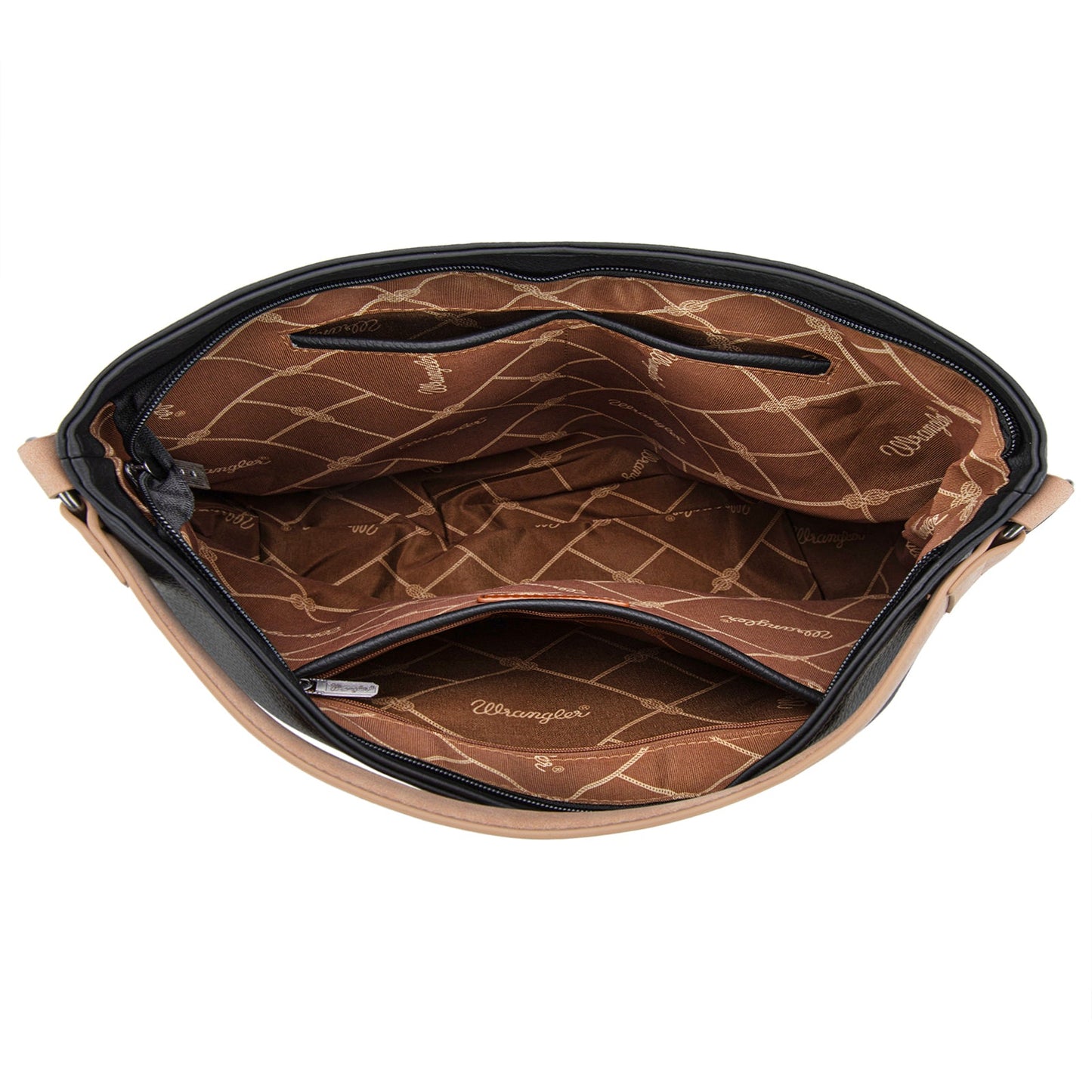 WG233-2001  Wrangler Aztec Embroidered Fringe Large Hobo/Crossbody Bag- Black