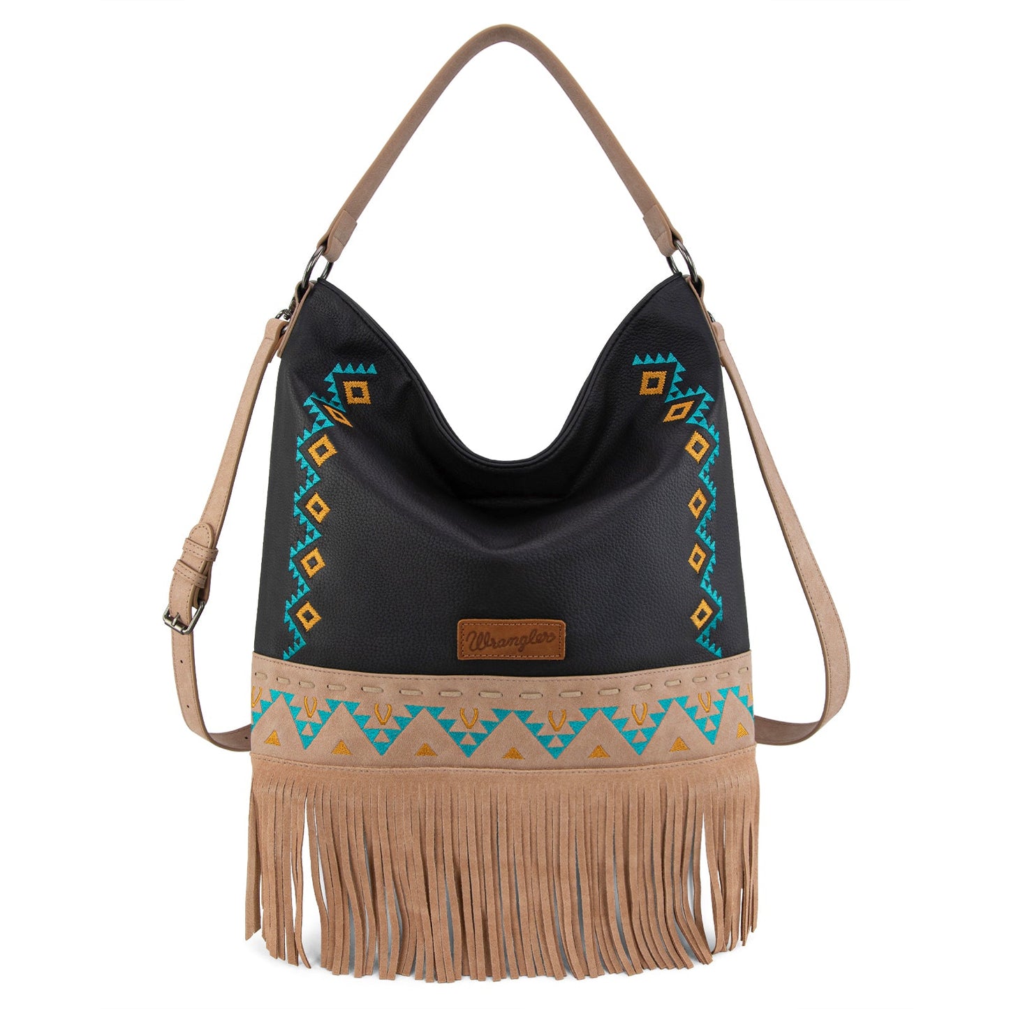 WG233-2001  Wrangler Aztec Embroidered Fringe Large Hobo/Crossbody Bag- Black