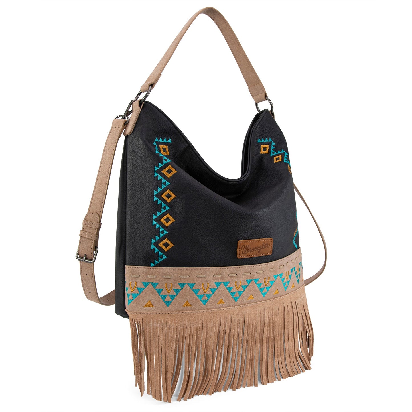 WG233-2001  Wrangler Aztec Embroidered Fringe Large Hobo/Crossbody Bag- Black