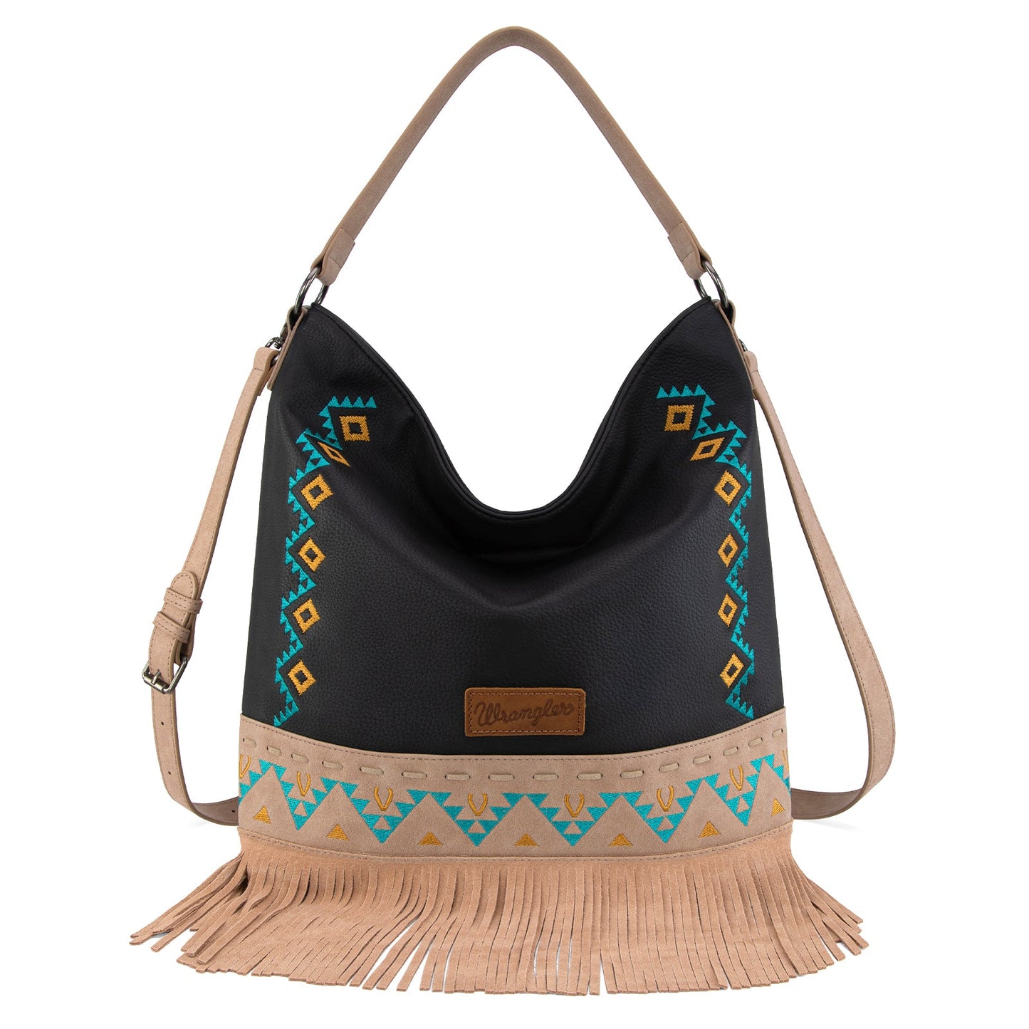 WG233-2001  Wrangler Aztec Embroidered Fringe Large Hobo/Crossbody Bag- Black