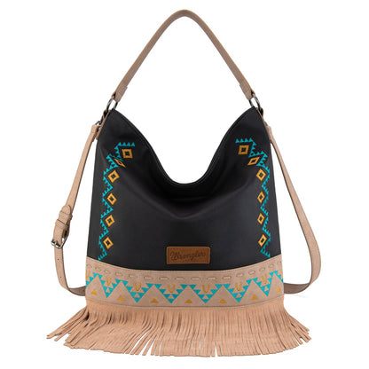 WG233-2001  Wrangler Aztec Embroidered Fringe Large Hobo/Crossbody Bag- Black