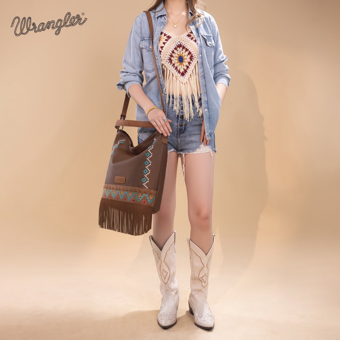 WG233-2001  Wrangler Aztec Embroidered Fringe Large Hobo/Crossbody Bag- Brown