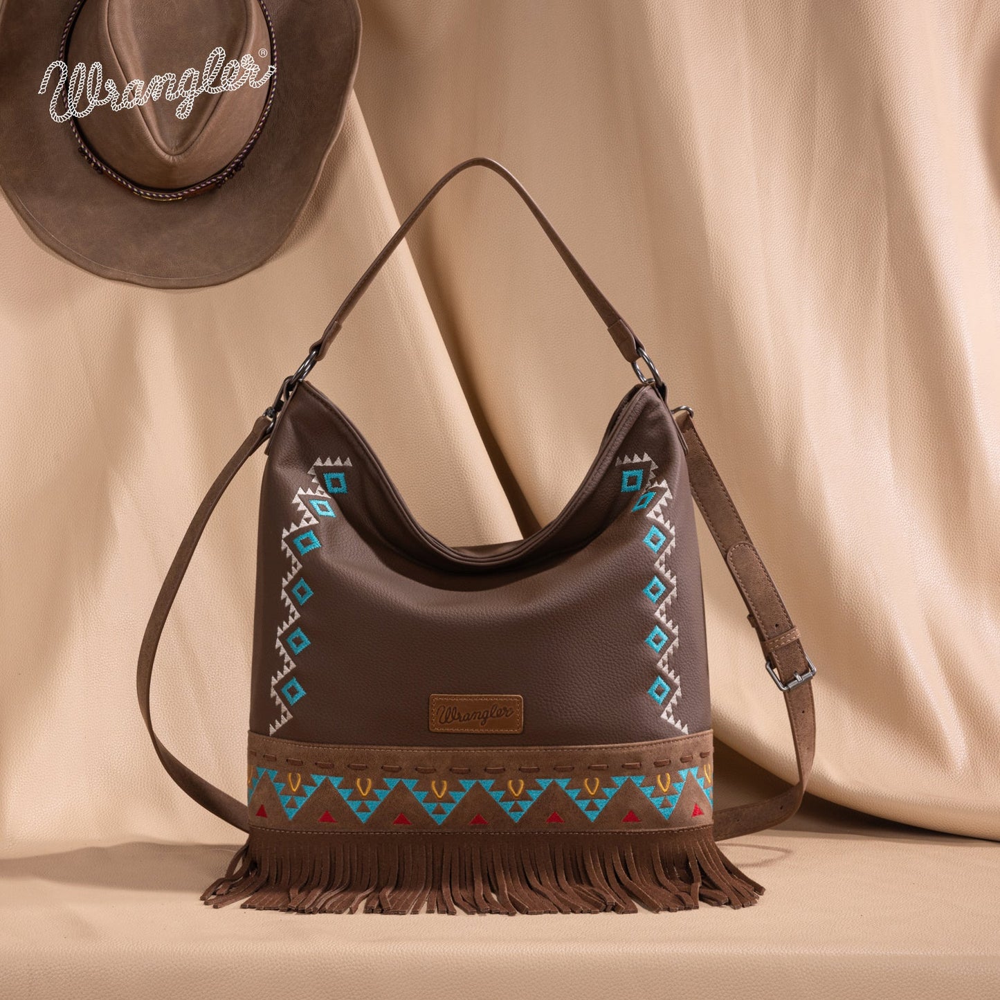 WG233-2001  Wrangler Aztec Embroidered Fringe Large Hobo/Crossbody Bag- Brown