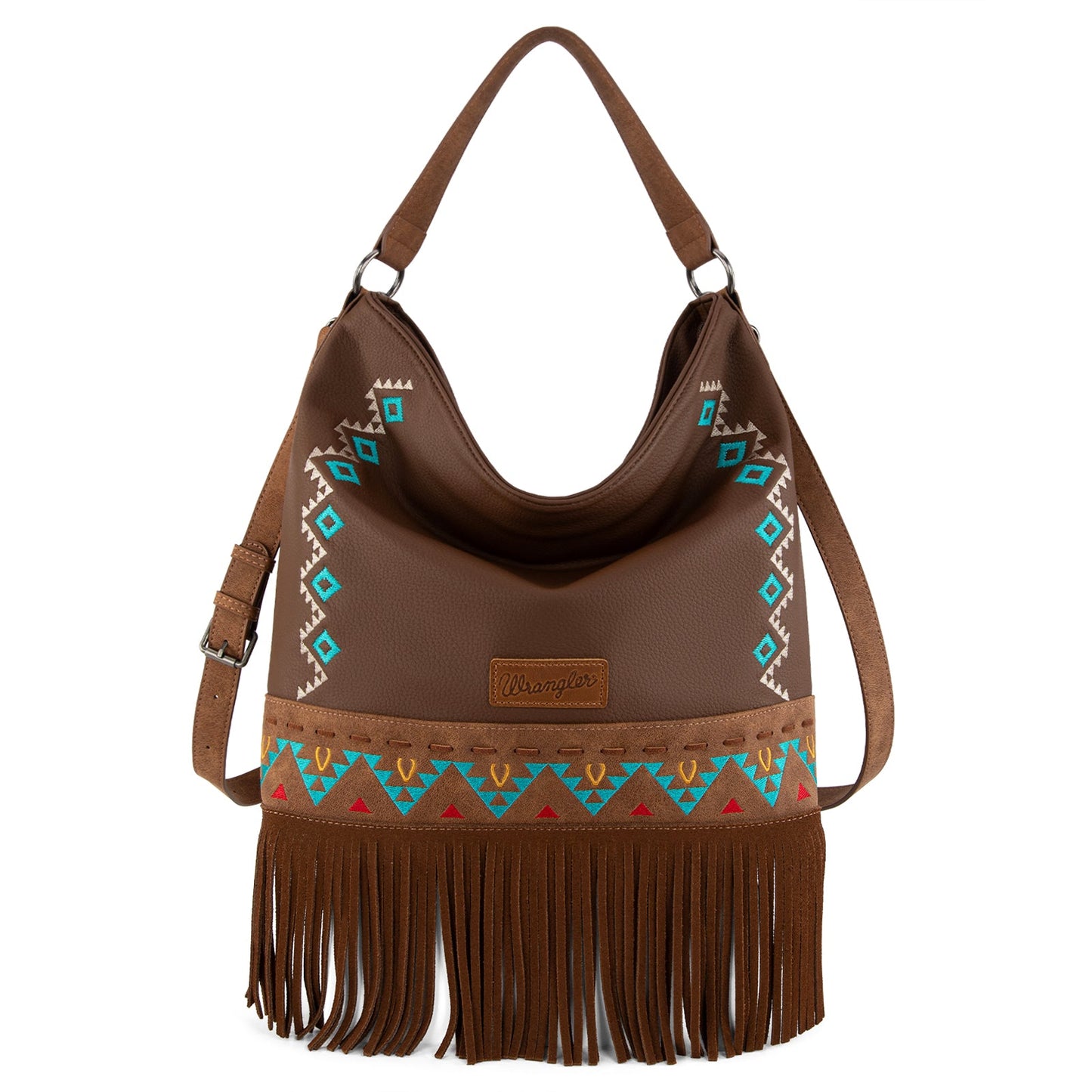 WG233-2001  Wrangler Aztec Embroidered Fringe Large Hobo/Crossbody Bag- Brown