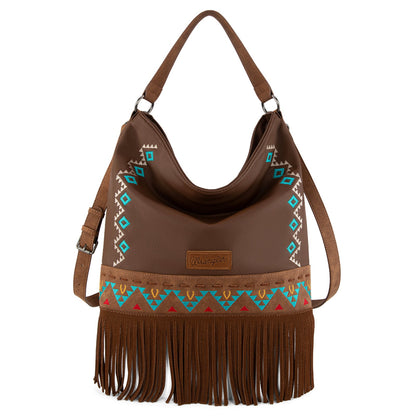 WG233-2001  Wrangler Aztec Embroidered Fringe Large Hobo/Crossbody Bag- Brown