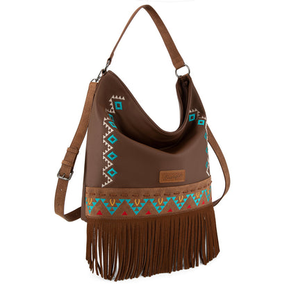 WG233-2001  Wrangler Aztec Embroidered Fringe Large Hobo/Crossbody Bag- Brown
