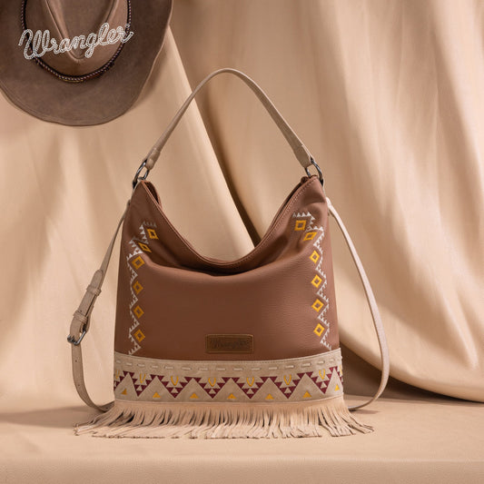 WG233-2001  Wrangler Aztec Embroidered Fringe Large Hobo/Crossbody Bag- Light Brown