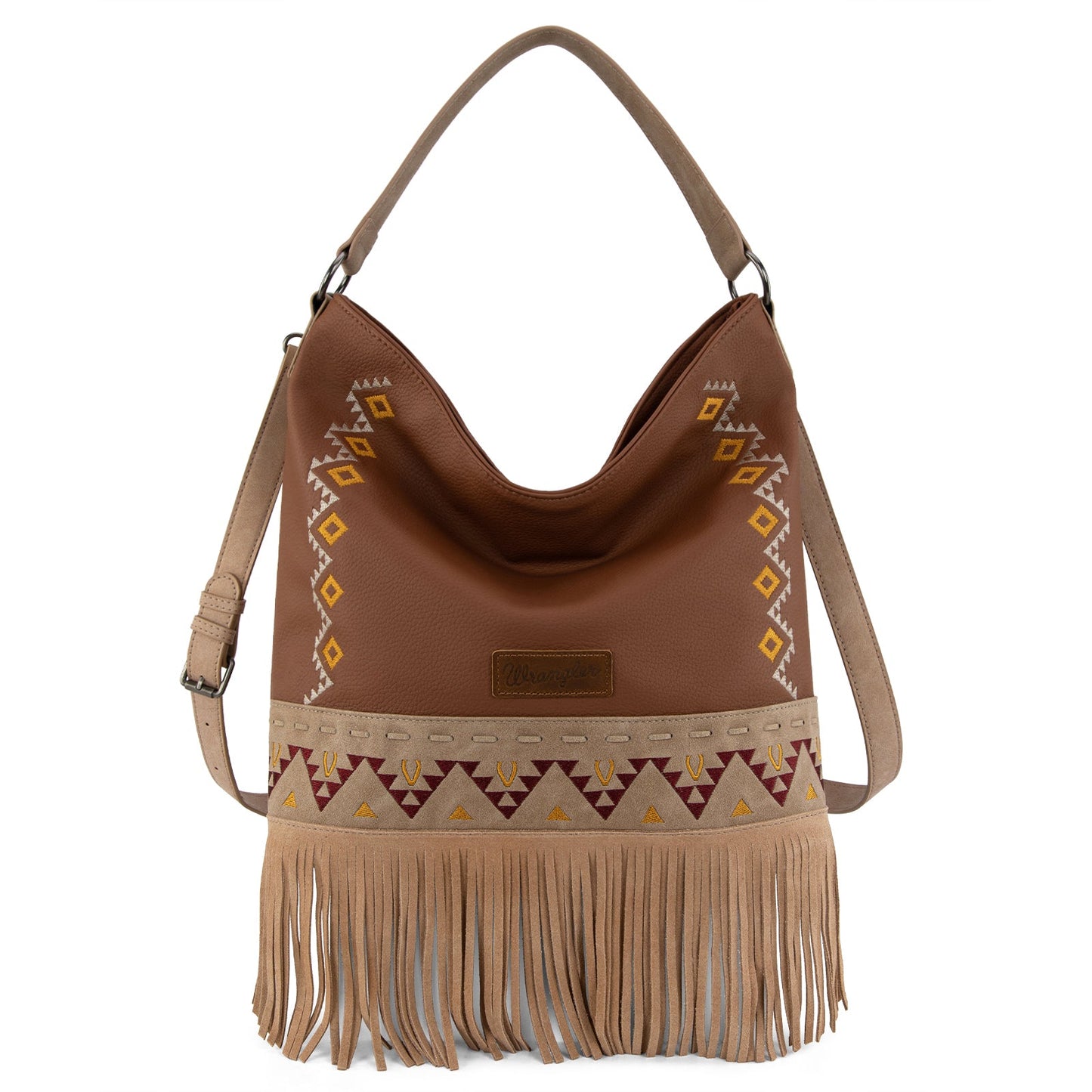 WG233-2001  Wrangler Aztec Embroidered Fringe Large Hobo/Crossbody Bag- Light Brown