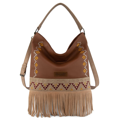 WG233-2001  Wrangler Aztec Embroidered Fringe Large Hobo/Crossbody Bag- Light Brown
