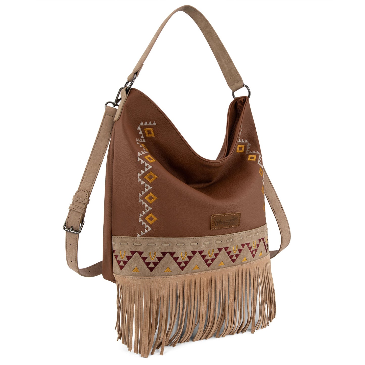 WG233-2001  Wrangler Aztec Embroidered Fringe Large Hobo/Crossbody Bag- Light Brown