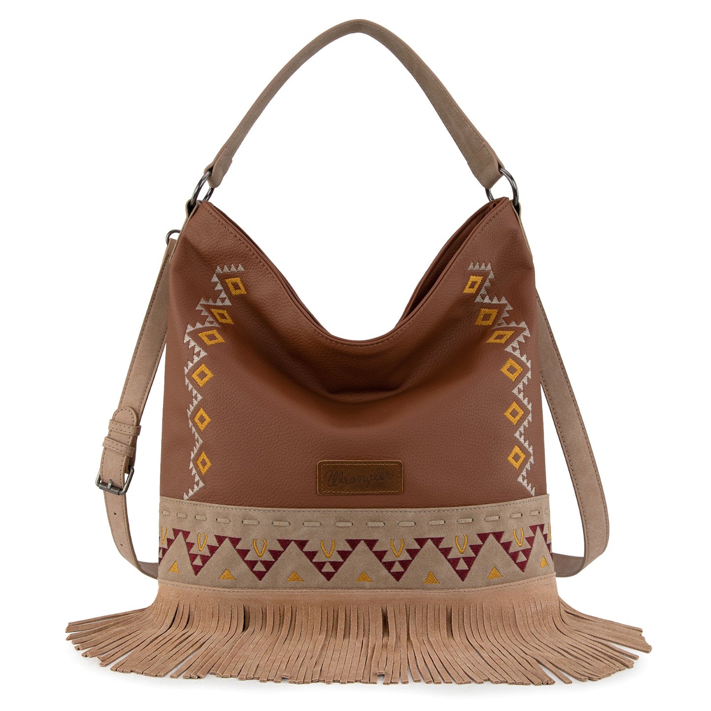 WG233-2001  Wrangler Aztec Embroidered Fringe Large Hobo/Crossbody Bag- Light Brown