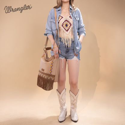 WG233-2001  Wrangler Aztec Embroidered Fringe Large Hobo/CrossbodyBag- Tan