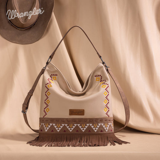 WG233-2001  Wrangler Aztec Embroidered Fringe Large Hobo/CrossbodyBag- Tan