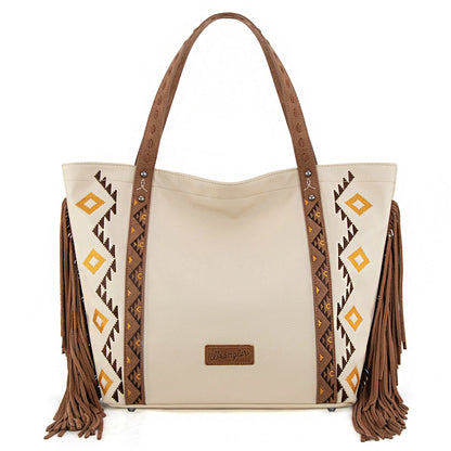 WG233-2002  Wrangler Aztec Embroidered Large Tote Bag- Beige