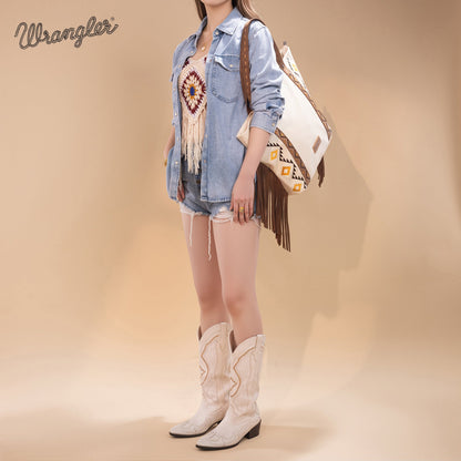 WG233-2002  Wrangler Aztec Embroidered Large Tote Bag- Beige