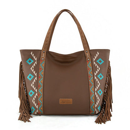 WG233-2002  Wrangler Aztec Embroidered Large Tote Bag- Brown