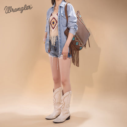 WG233-2002  Wrangler Aztec Embroidered Large Tote Bag- Brown