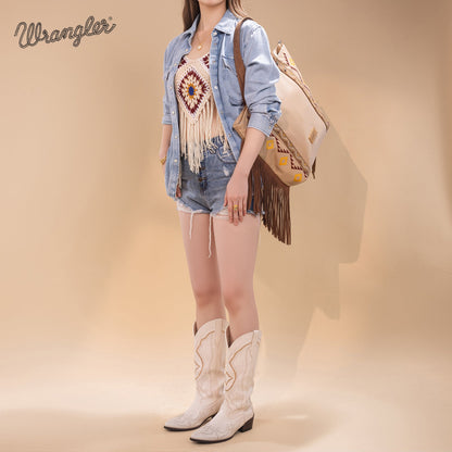WG233-2002  Wrangler Aztec Embroidered Large Tote Bag- Tan