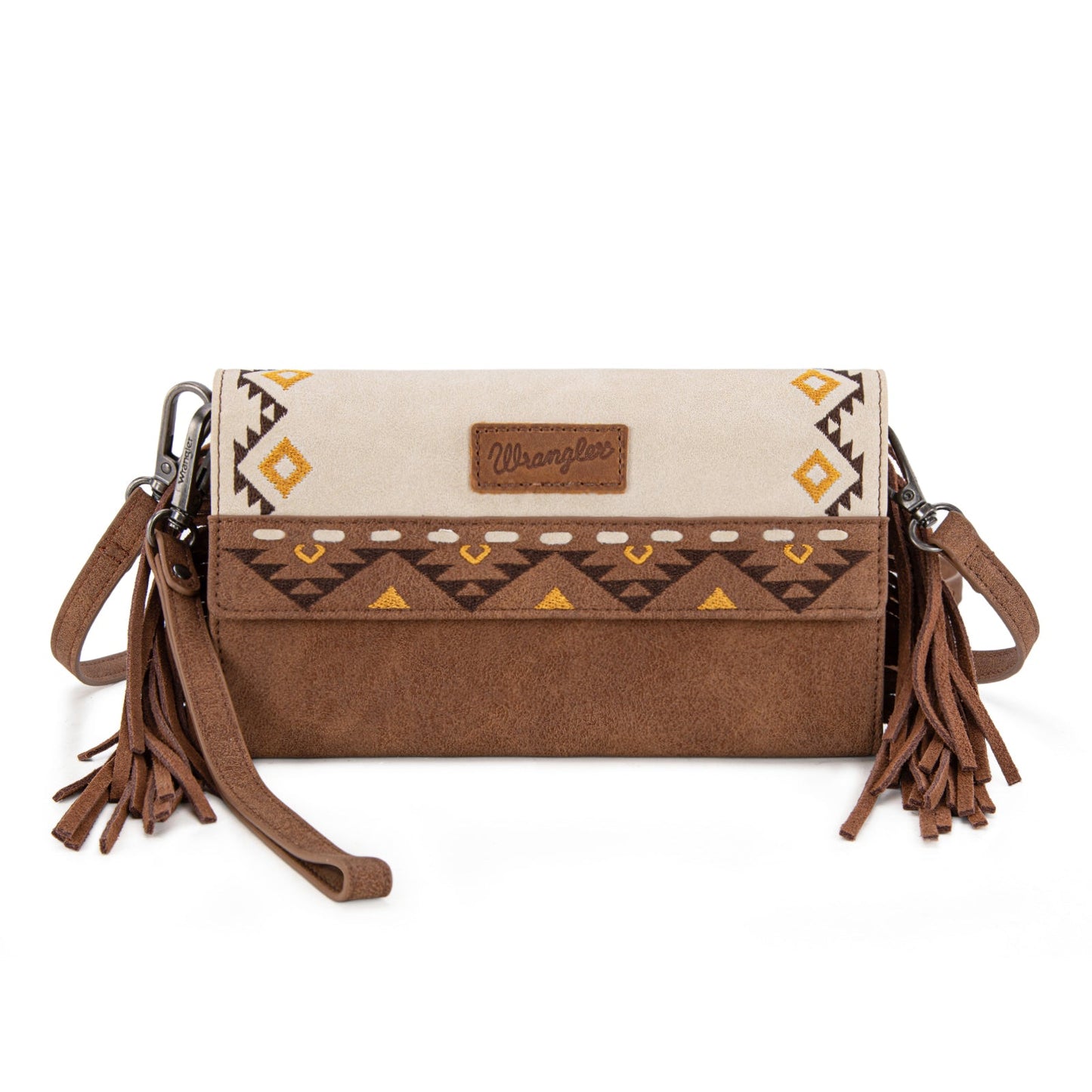 WG233-W018 Wrangler Aztec Embroidered Fringe Wallet/Crossbody -Beige